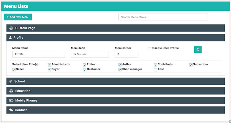 Dashboard Menus